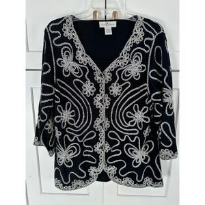 Once Again Womens XL Black White Soutache Embroidered Button Front Cardigan Top